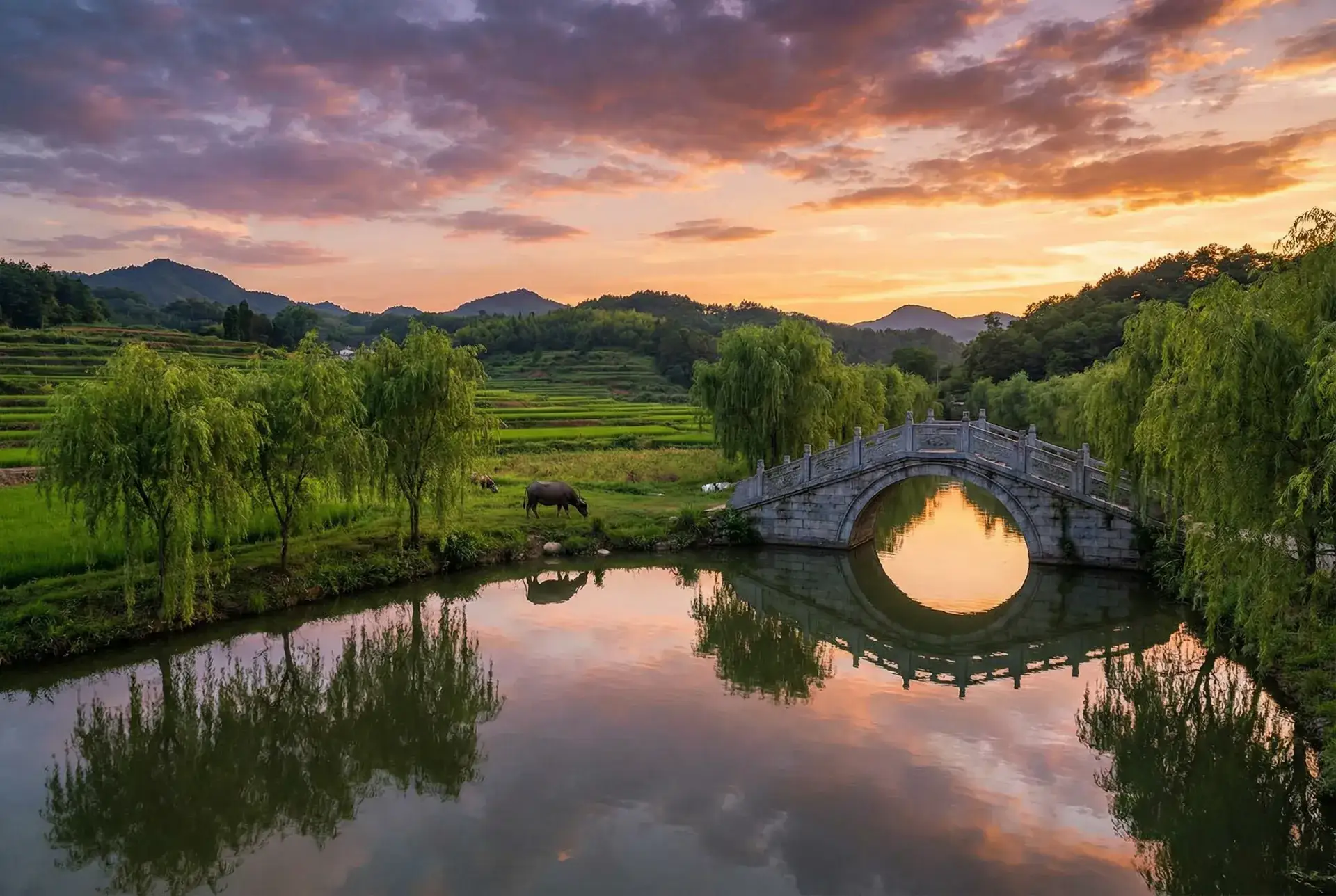 夕阳下的石拱桥与垂柳，水牛在河边吃草 - 一炕四女 乡村美景